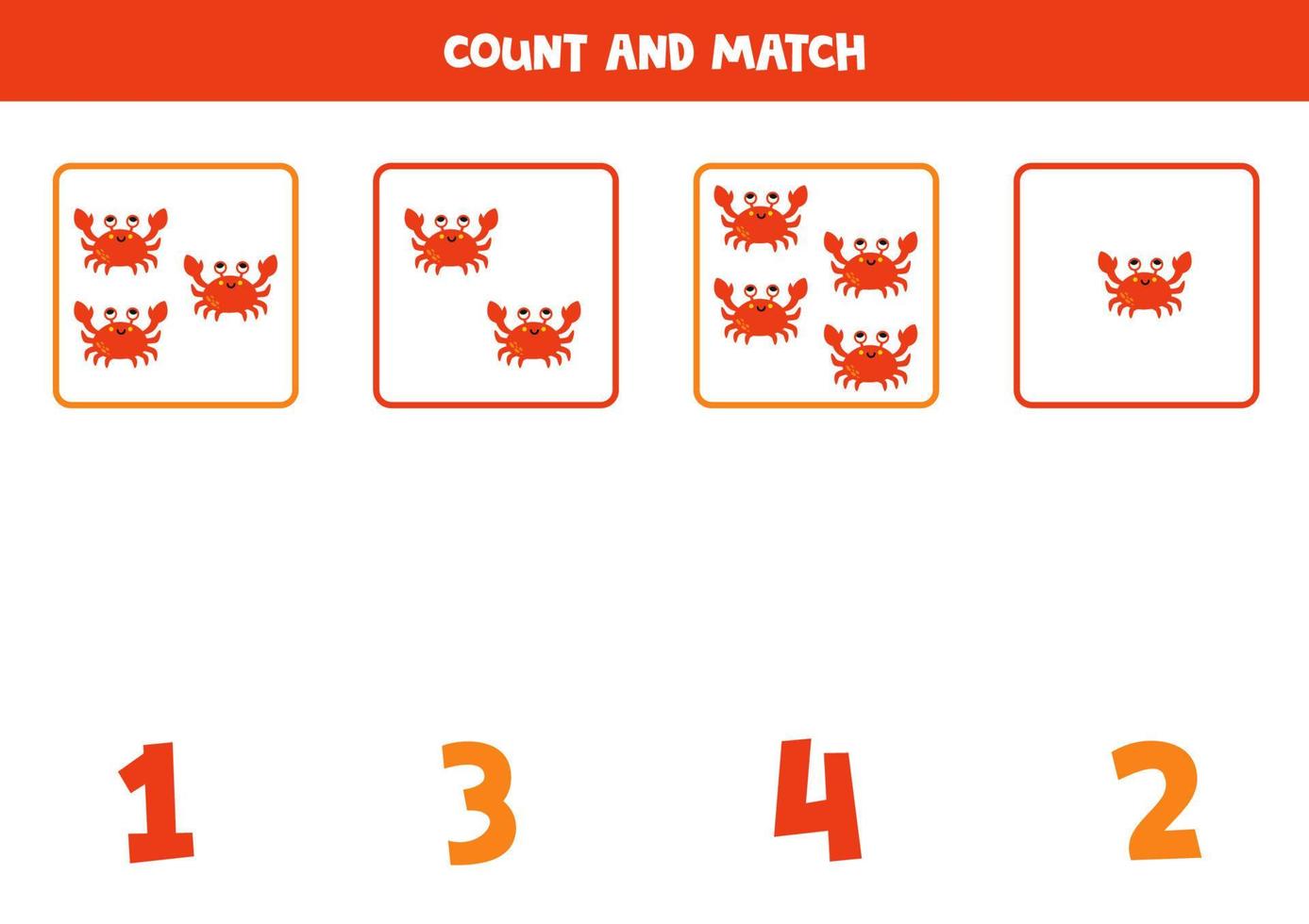 Counting game for kids. Count all cartoon crabs and match with numbers. Worksheet for children. vector