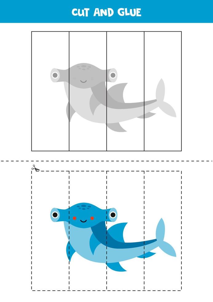 Cut and glue game for kids. Cute hammerhead shark. vector