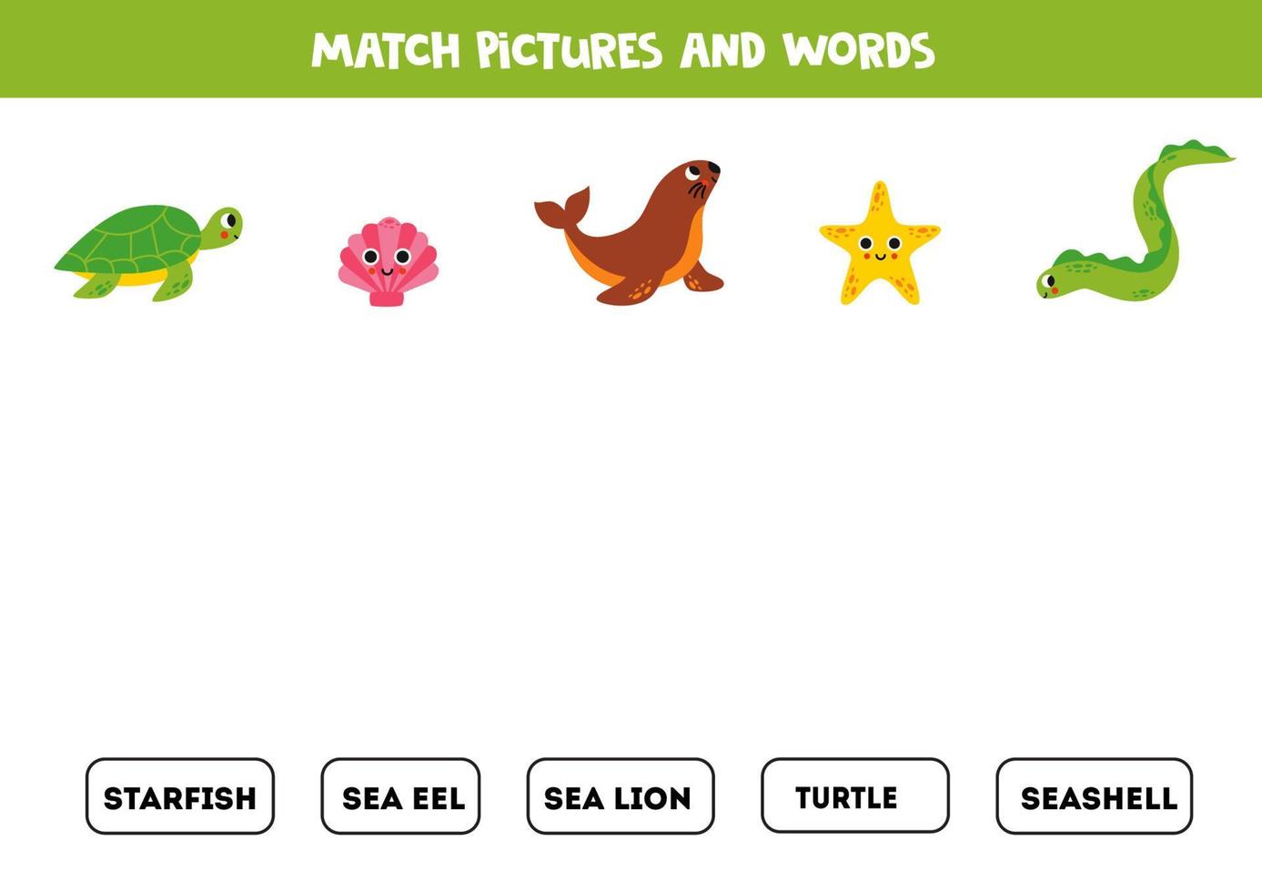 Match pictures and words. Logical puzzle for kids. Sea animals. vector