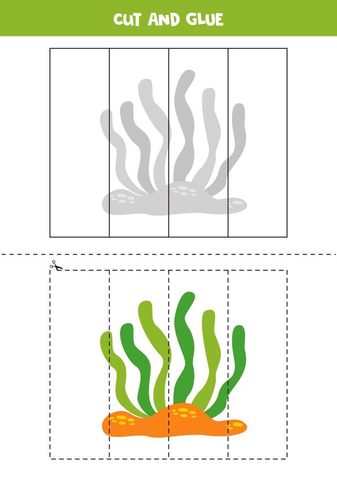Cut and glue game for kids. Cartoon sea weed. vector