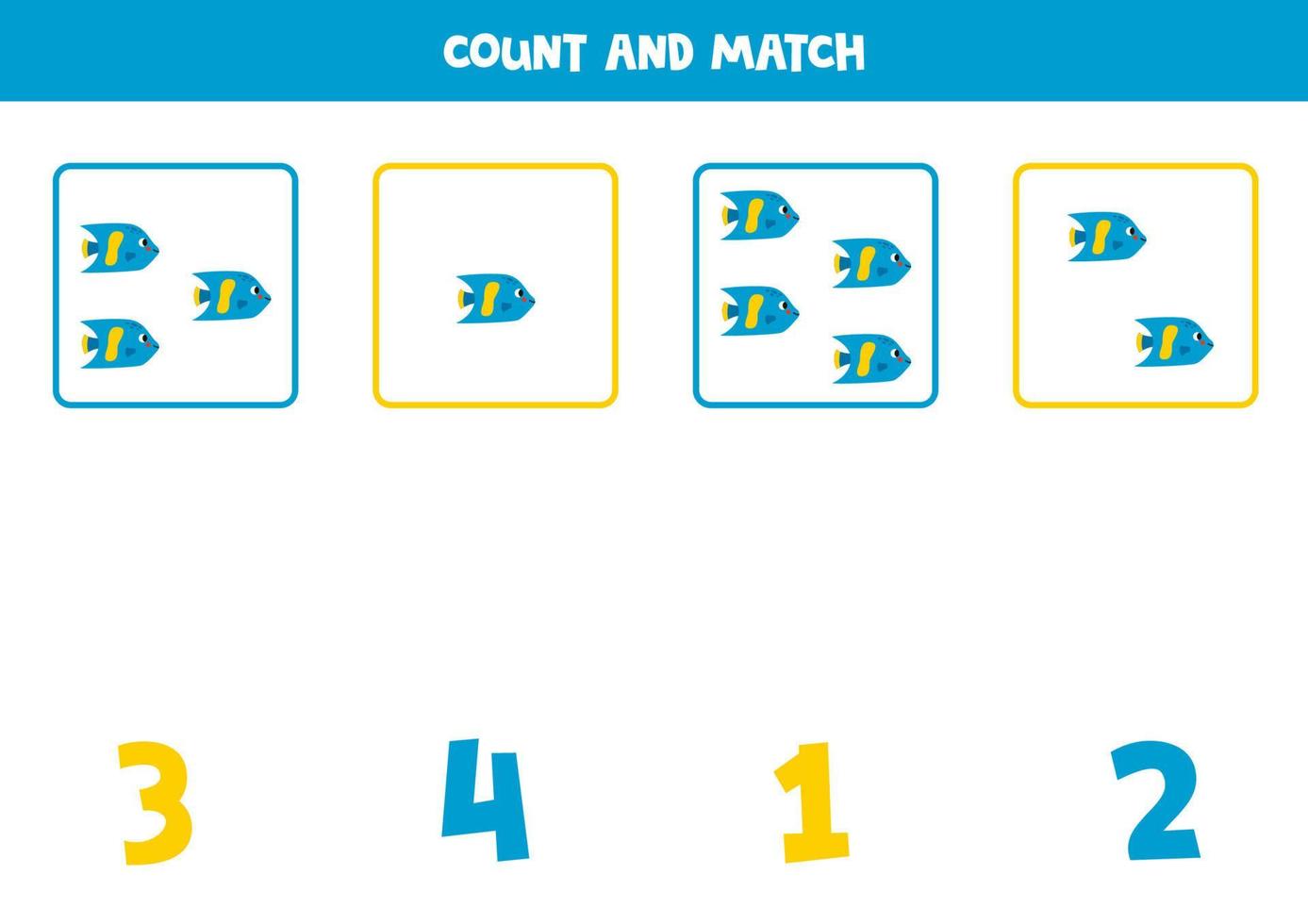 Counting game for kids. Count all cartoon angel fish and match with numbers. Worksheet for children. vector