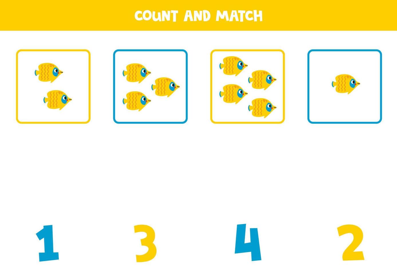 Counting game for kids. Count all cartoon butterfly fish and match with numbers. Worksheet for children. vector