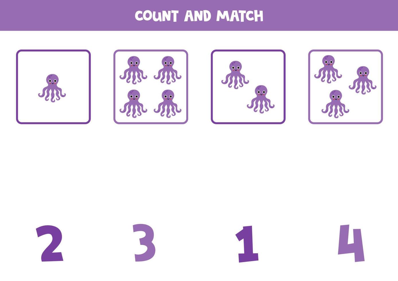 Counting game for kids. Count all octopuses and match with numbers. Worksheet for children. vector