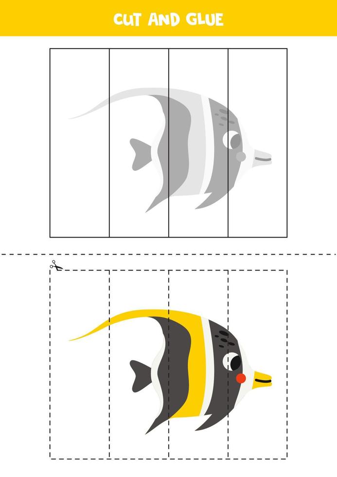 Cut and glue game for kids. Cute Moorish idol fish. vector