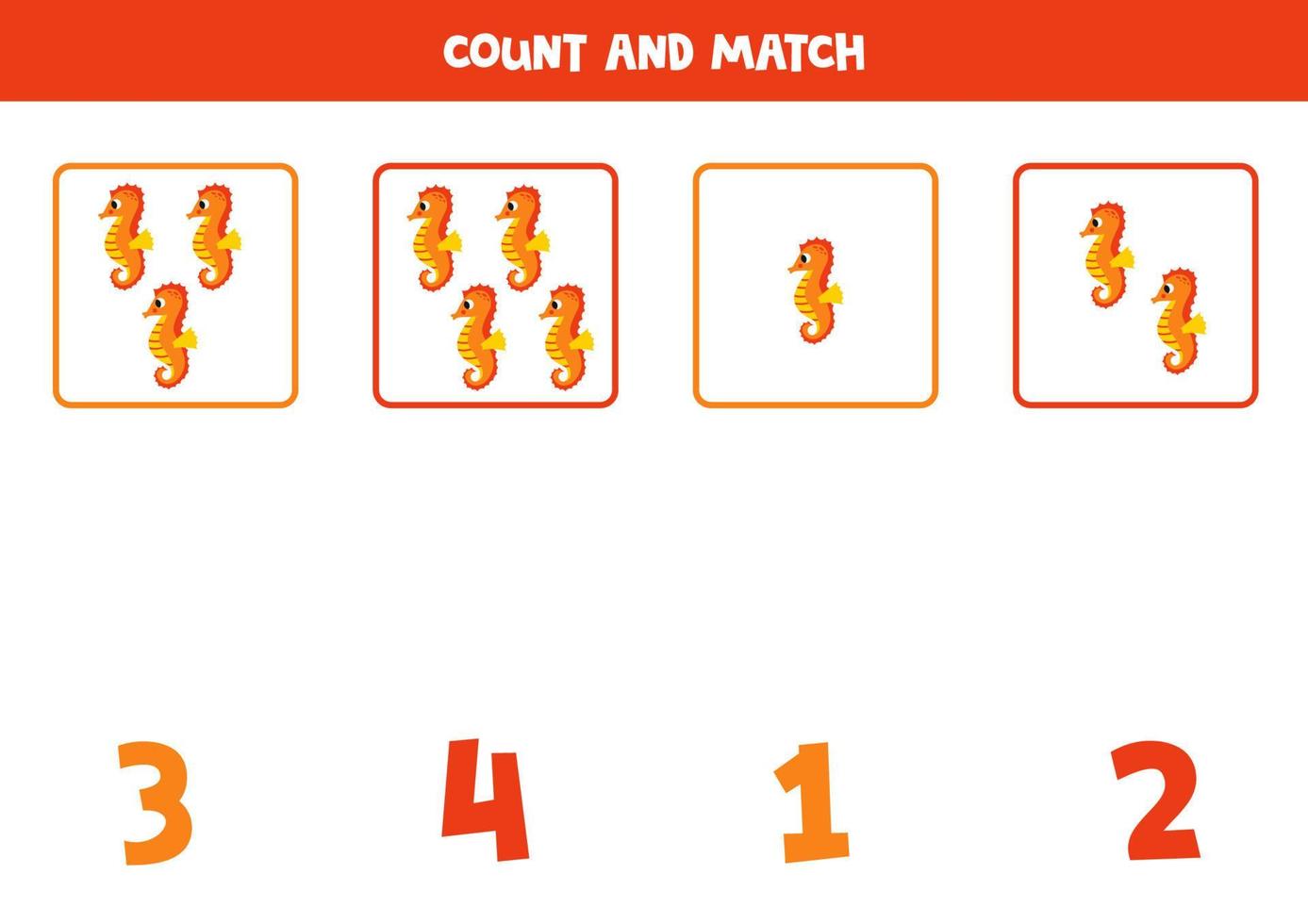 Counting game for kids. Count all seahorse and match with numbers. Worksheet for children. vector