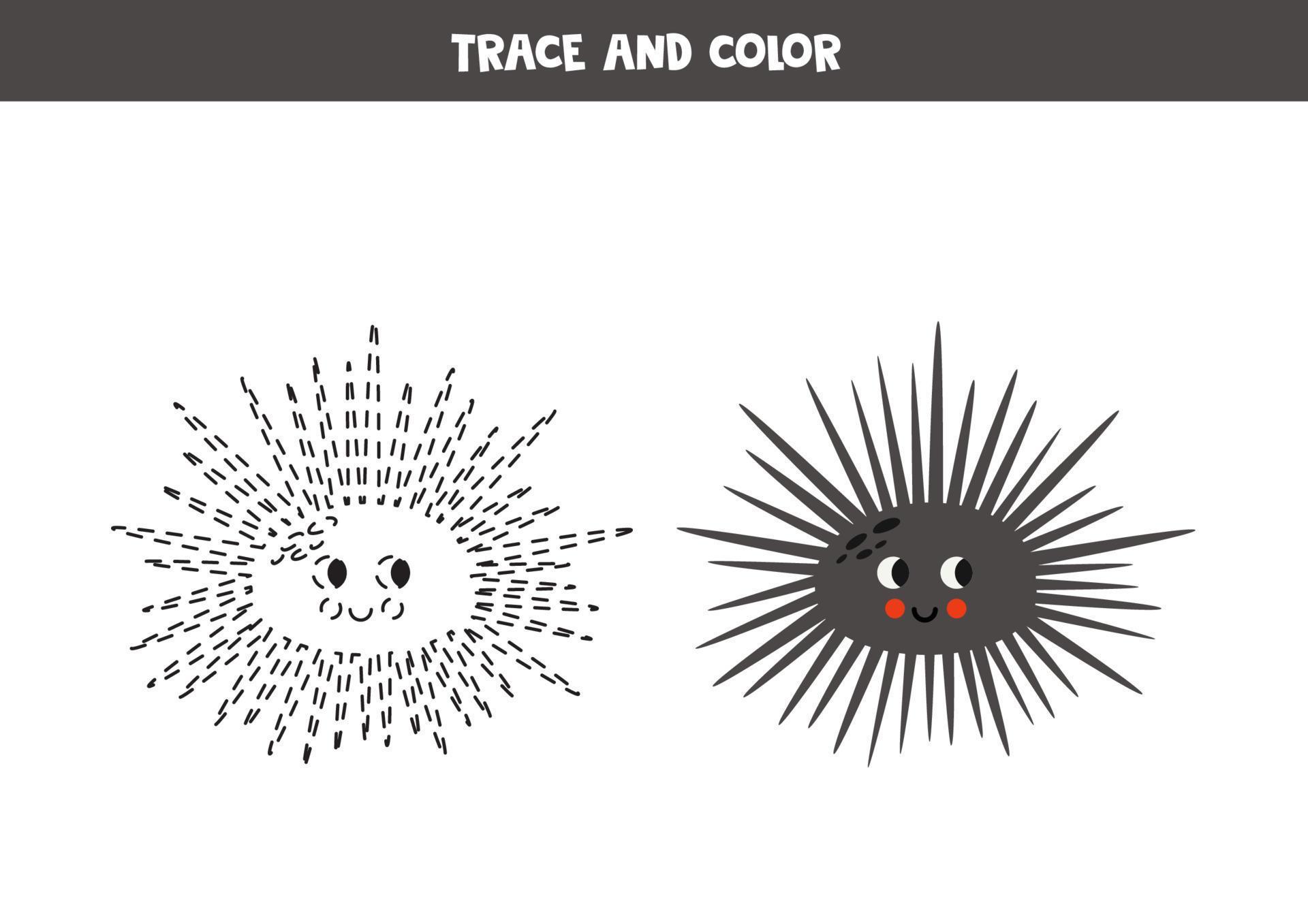 Trace and color cartoon cute cartoon sea urchin Worksheet for children