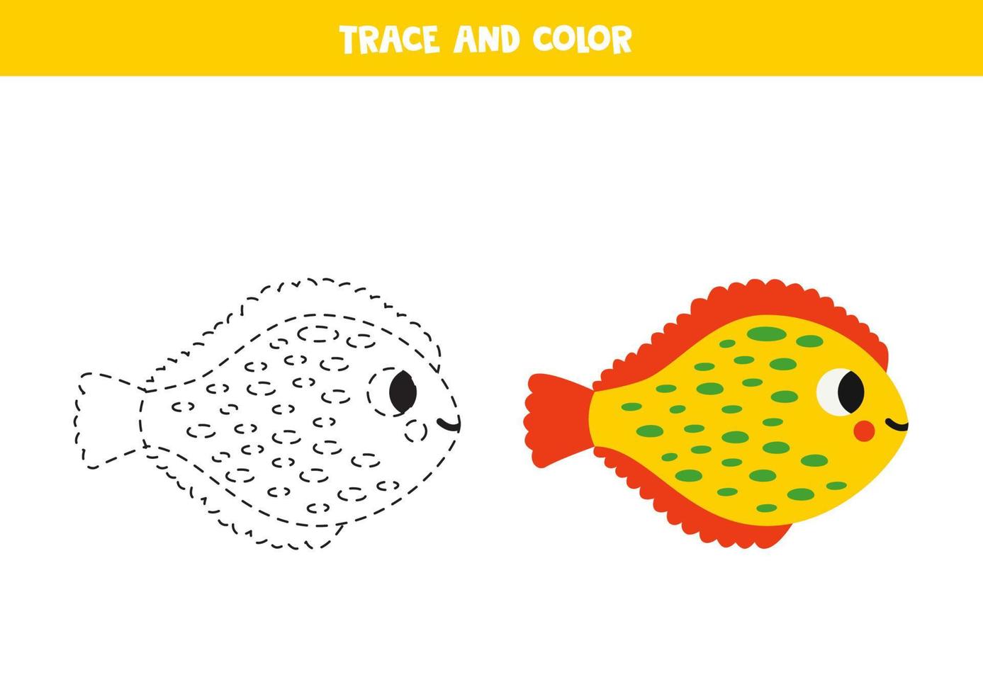 Trace and color cute cartoon plaice. Worksheet for kids. vector