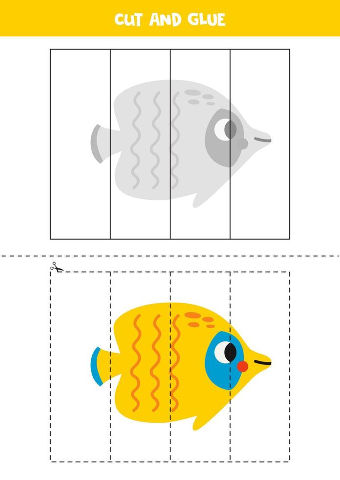 Cut and glue game for kids. Cute yellow butterfly fish. vector