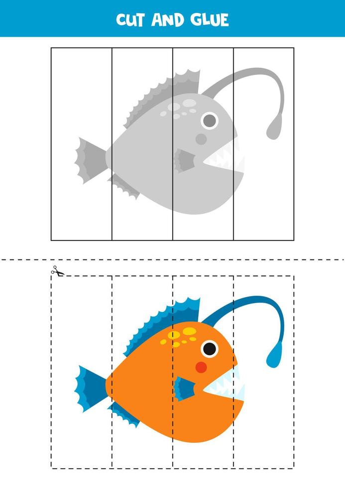 Cut and glue game for kids. Cute angler fish. vector