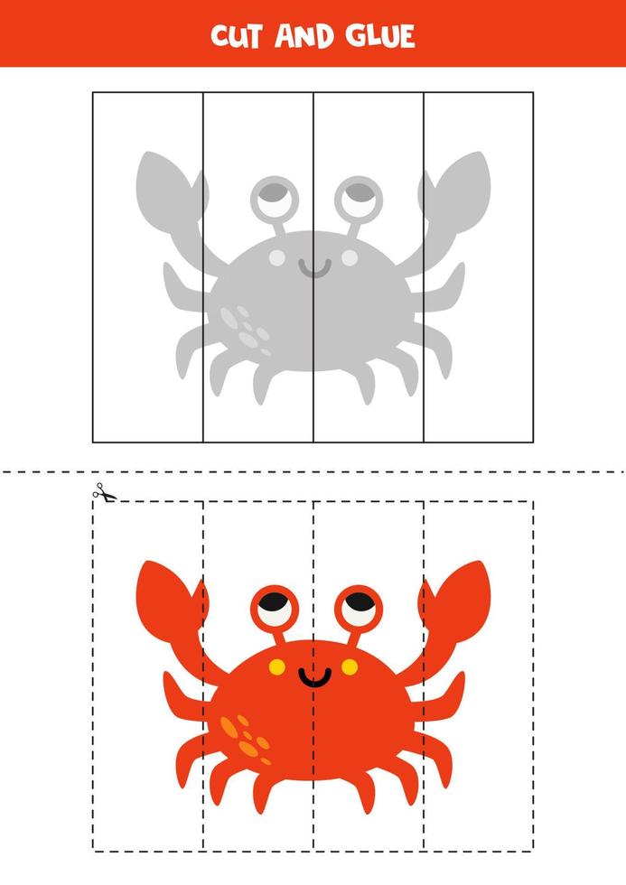 Cut and glue game for kids. Cute red crab. vector