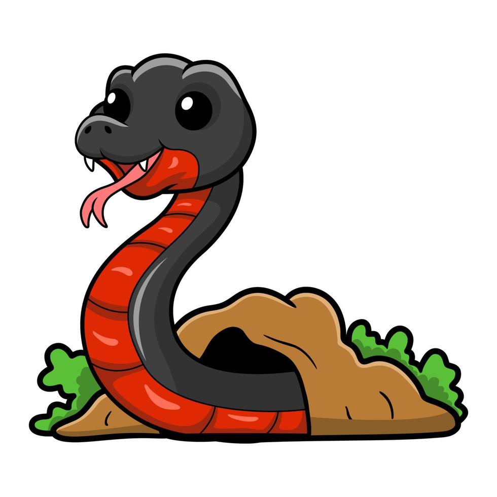 Cute red bellied black snake cartoon out from hole vector