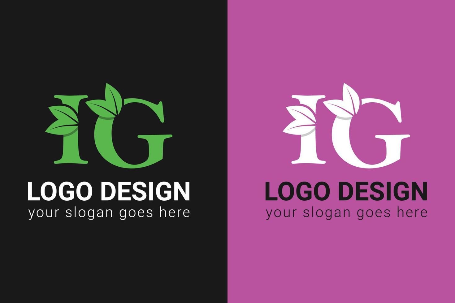 Ecology IG letters logo with green leaf. IG letters eco logo with leaf. Vector typeface for nature posters, eco friendly emblem, vegan identity, herbal and botanical cards etc.