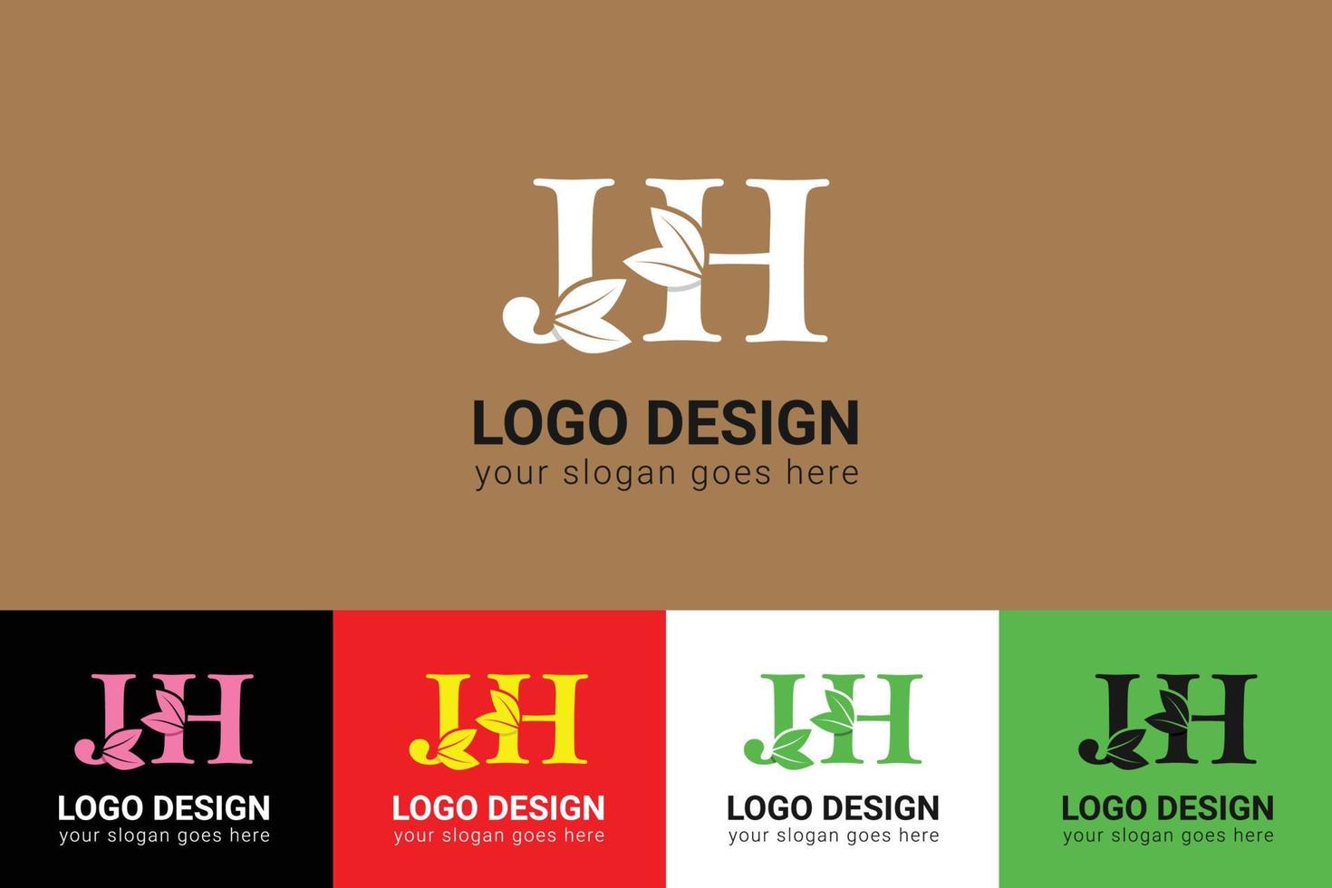 Ecology JH letters logo with green leaf. JH letters eco logo with leaf. Vector typeface for nature posters, eco friendly emblem, vegan identity, herbal and botanical cards etc.