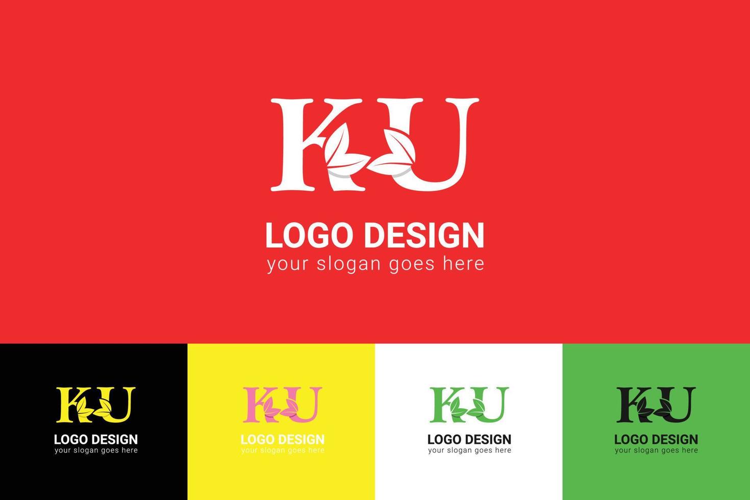 Ecology KU letters logo with green leaf. KU letters eco logo with leaf. Vector typeface for nature posters, eco friendly emblem, vegan identity, herbal and botanical cards etc.