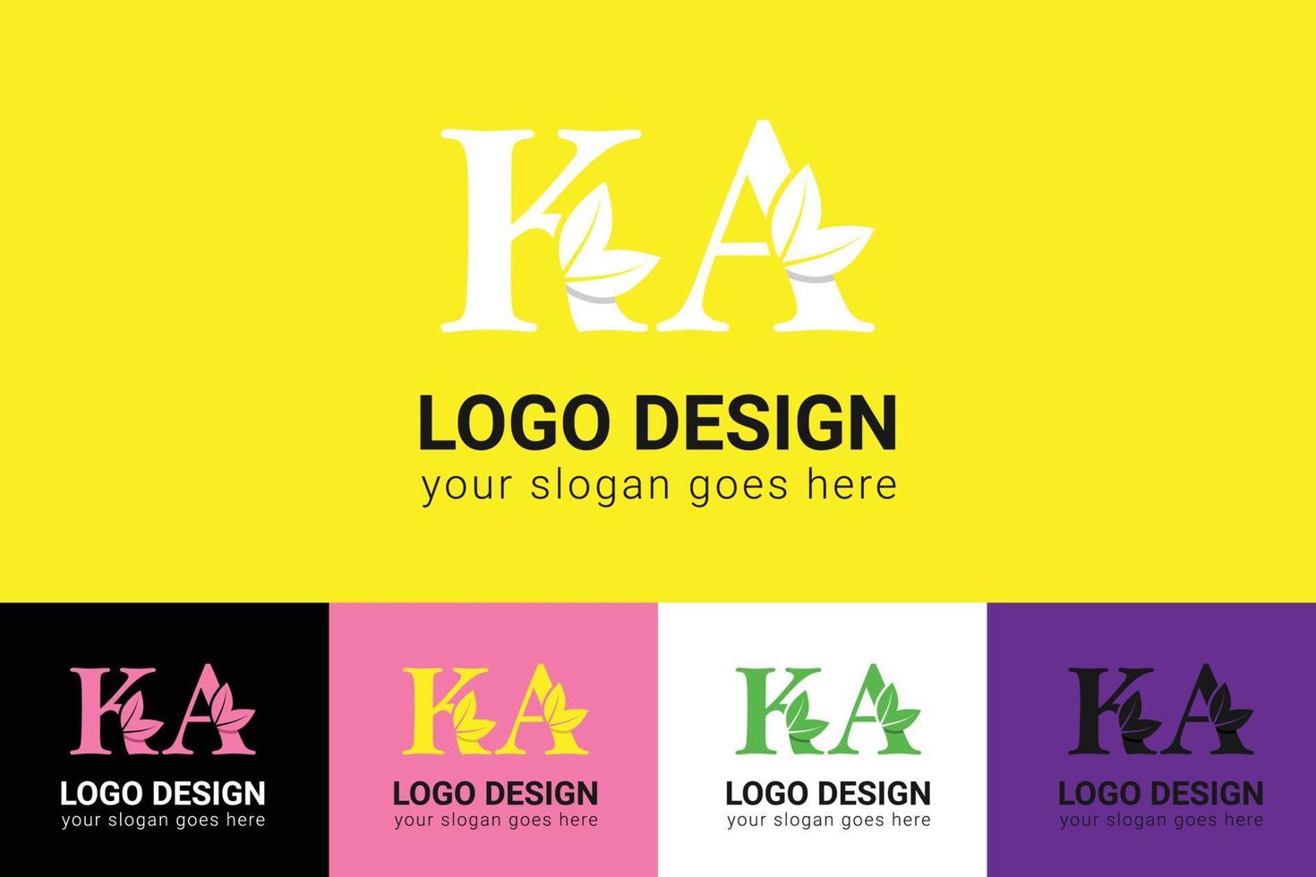 Ecology KA letters logo with green leaf. KA letters eco logo with leaf. Vector typeface for nature posters, eco friendly emblem, vegan identity, herbal and botanical cards etc.