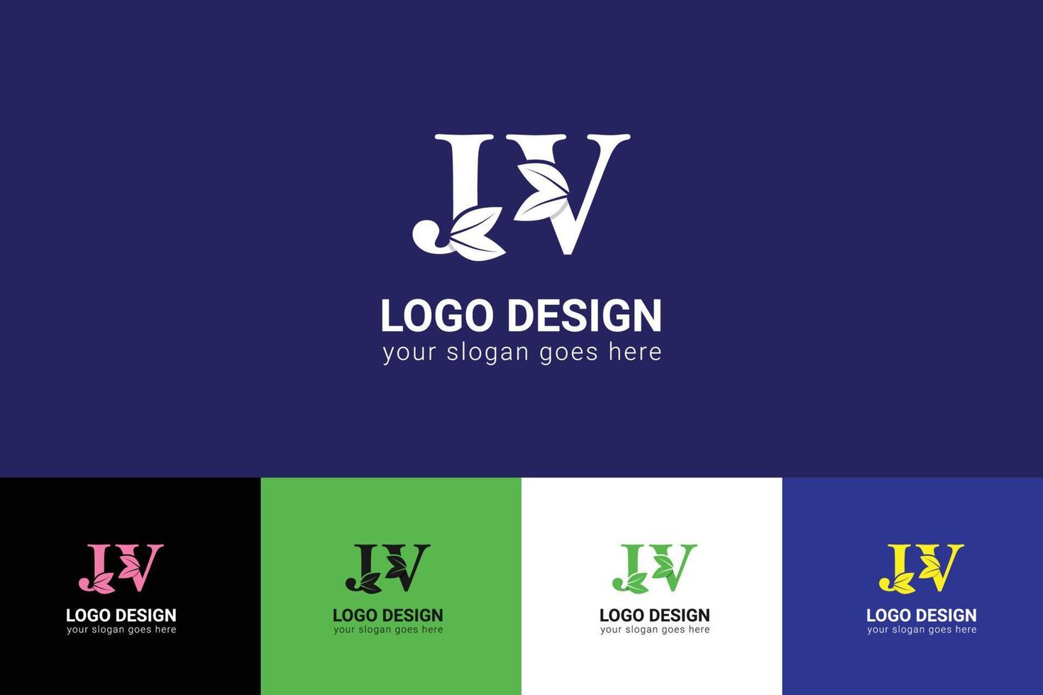 Ecology JV letters logo with green leaf. JV letters eco logo with leaf. Vector typeface for nature posters, eco friendly emblem, vegan identity, herbal and botanical cards etc.