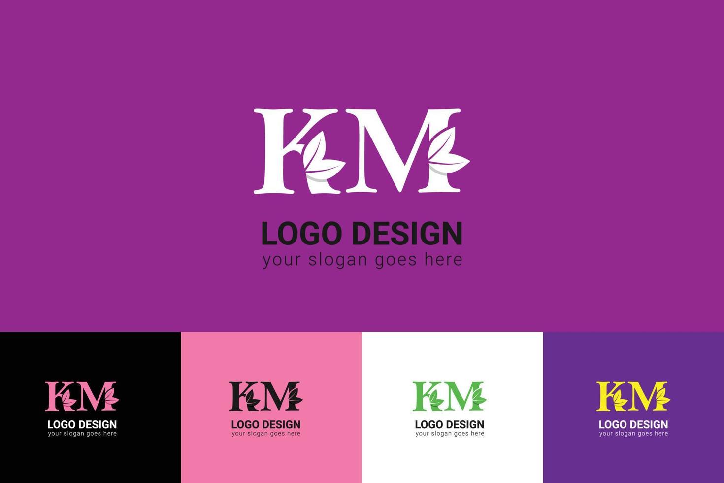 Ecology KM letters logo with green leaf. KM letters eco logo with leaf. Vector typeface for nature posters, eco friendly emblem, vegan identity, herbal and botanical cards etc.