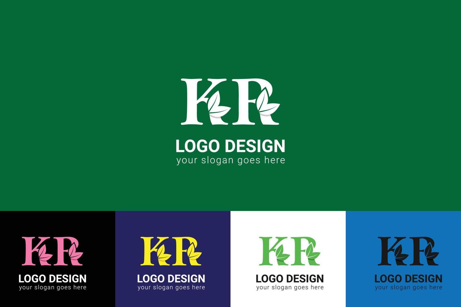 Ecology KR letters logo with green leaf. KR letters eco logo with leaf. Vector typeface for nature posters, eco friendly emblem, vegan identity, herbal and botanical cards etc.