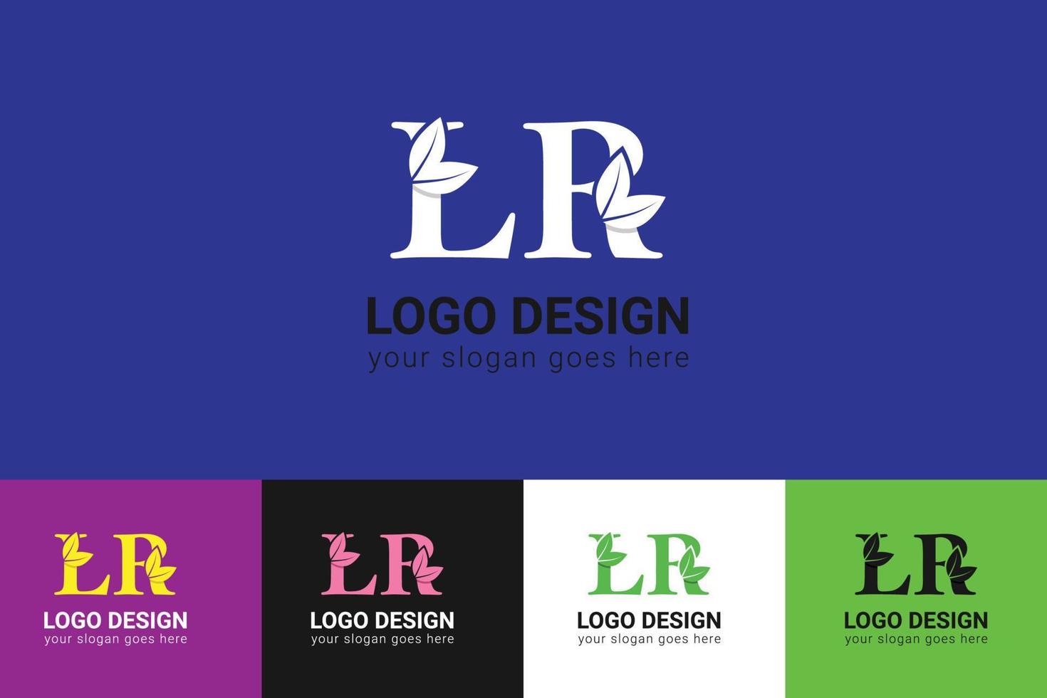 LR letters eco logo with green leaf. Ecology letter logo. Vector typeface for nature posters, eco friendly emblem, vegan identity, herbal and botanical cards etc.