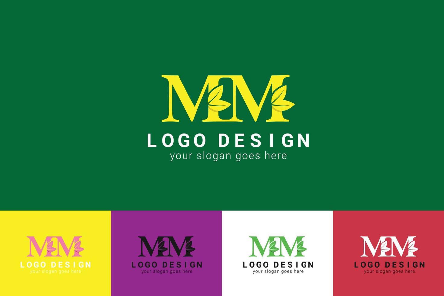 MM letters eco logo with green leaf. Ecology letter logo. Vector typeface for nature posters, eco friendly emblem, vegan identity, herbal and botanical cards etc.