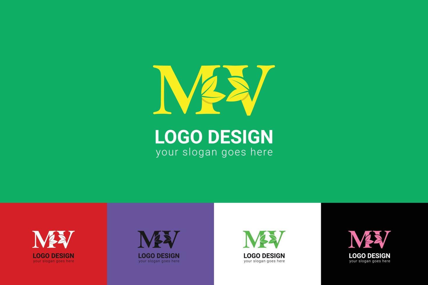 MV letters eco logo with green leaf. Ecology letter logo. Vector typeface for nature posters, eco friendly emblem, vegan identity, herbal and botanical cards etc.