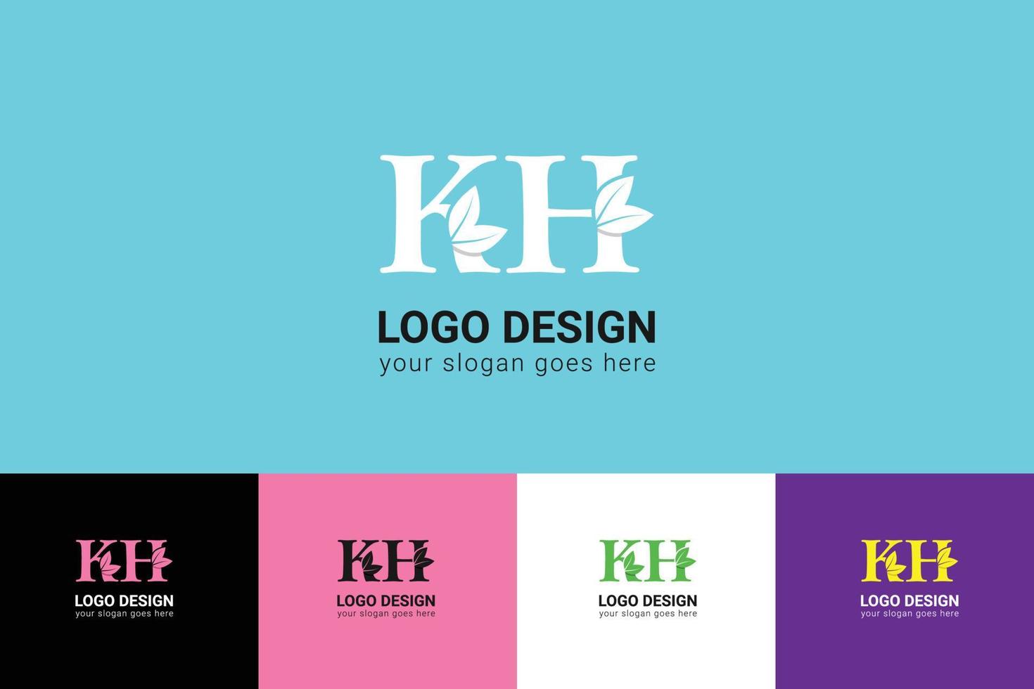 Ecology KH letters logo with green leaf. KH letters eco logo with leaf. Vector typeface for nature posters, eco friendly emblem, vegan identity, herbal and botanical cards etc.
