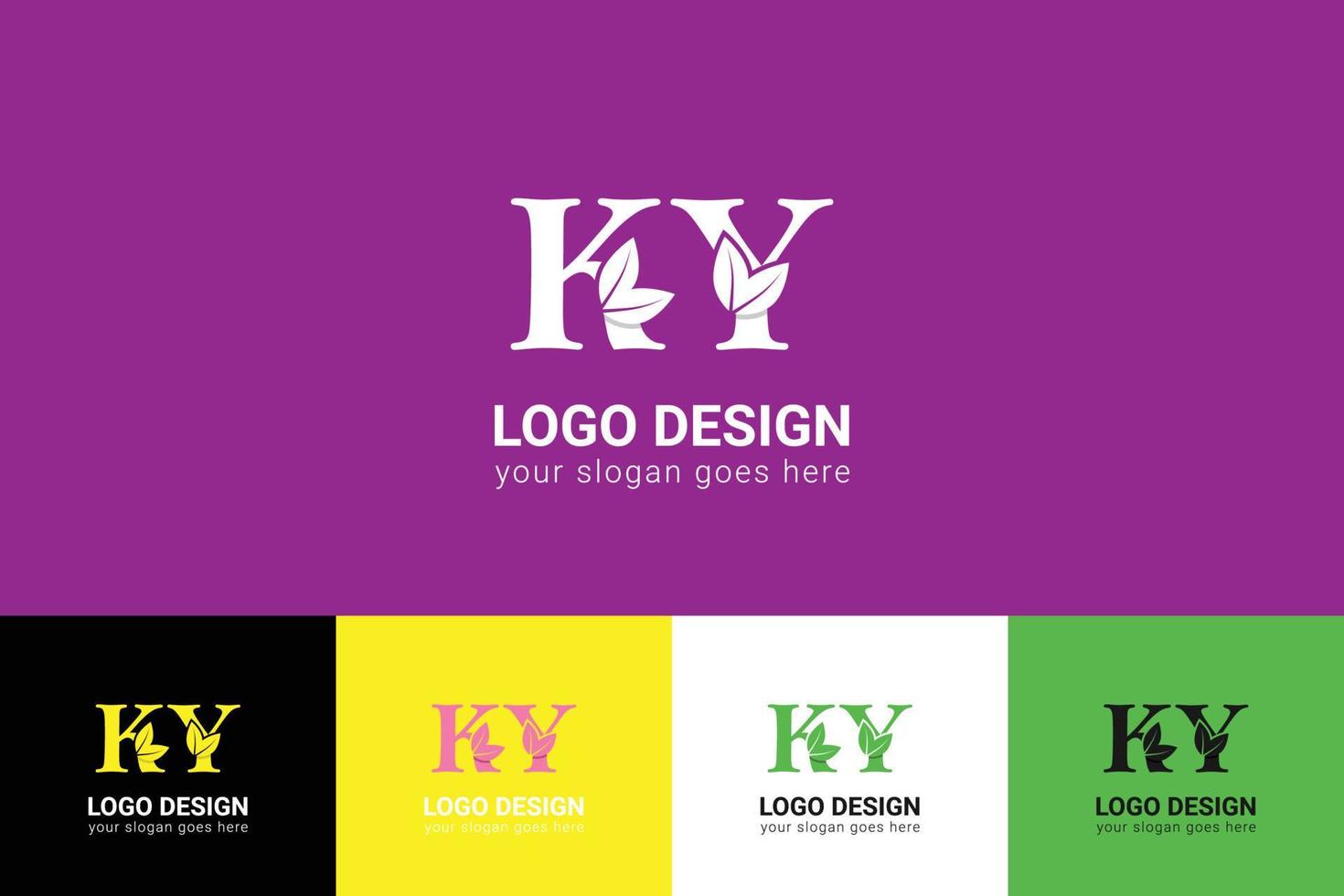 Ecology KY letters logo with green leaf. KY letters eco logo with leaf. Vector typeface for nature posters, eco friendly emblem, vegan identity, herbal and botanical cards etc.