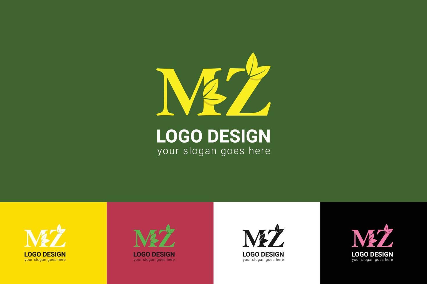 MZ letters eco logo with green leaf. Ecology letter logo. Vector typeface for nature posters, eco friendly emblem, vegan identity, herbal and botanical cards etc.