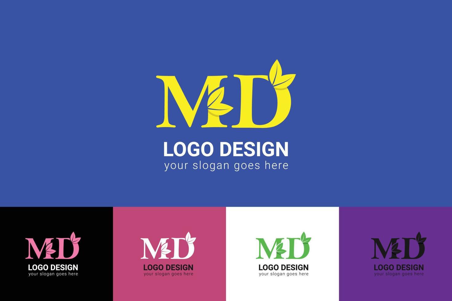 MD letters eco logo with green leaf. Ecology letter logo. Vector typeface for nature posters, eco friendly emblem, vegan identity, herbal and botanical cards etc.