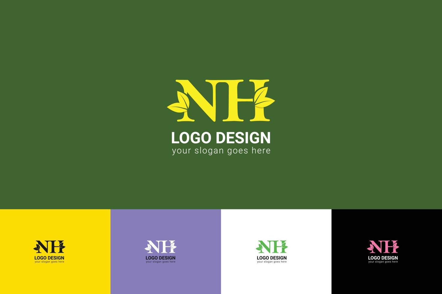 NH letters eco logo with green leaf. Ecology letter logo. Vector typeface for nature posters, eco friendly emblem, vegan identity, herbal and botanical cards etc.