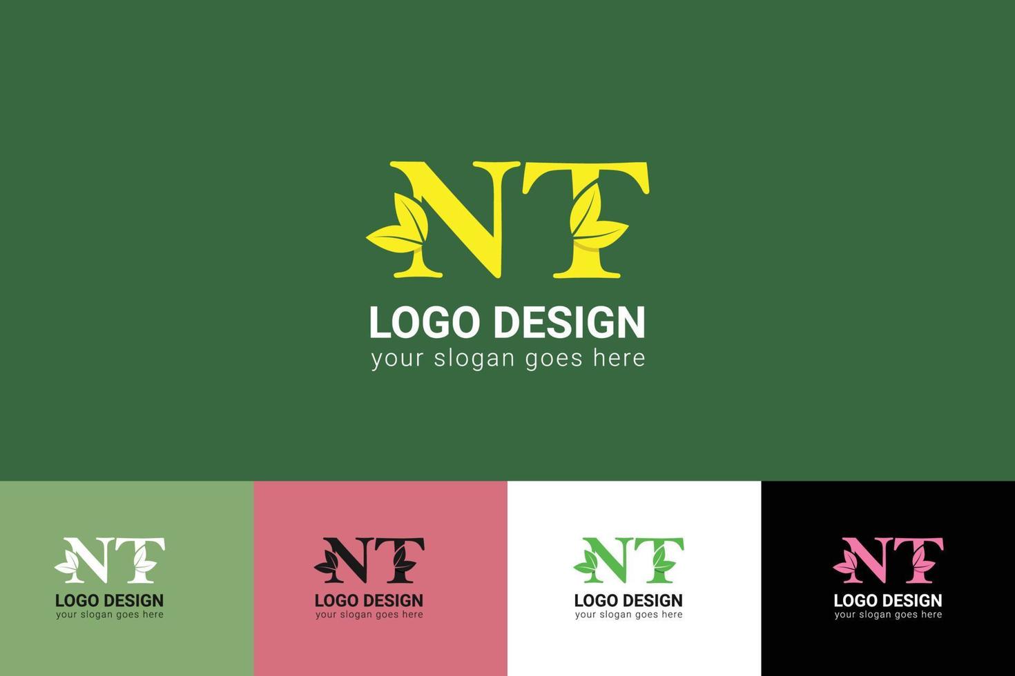 NT letters eco logo with green leaf. Ecology letter logo. Vector typeface for nature posters, eco friendly emblem, vegan identity, herbal and botanical cards etc.