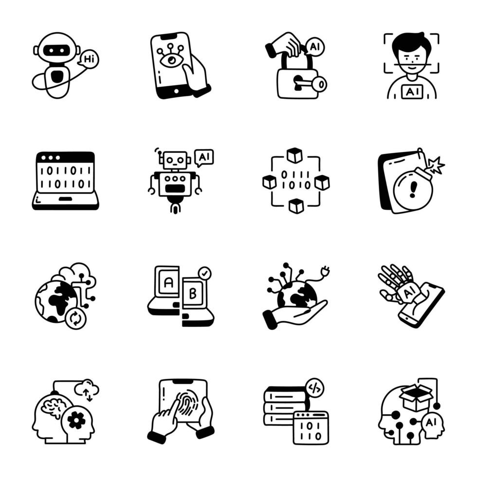 Collection of AI Security and Testing Doodles vector