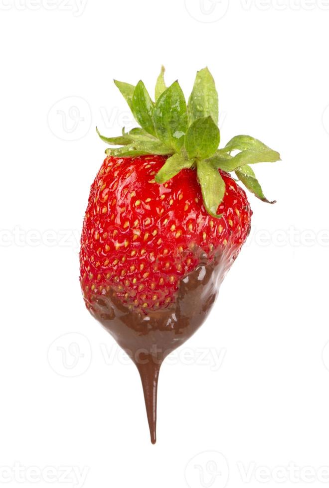Strawberries with chocolate dipping isolated on white. Chocolate dripping from strawberries. Beautiful red berry. photo