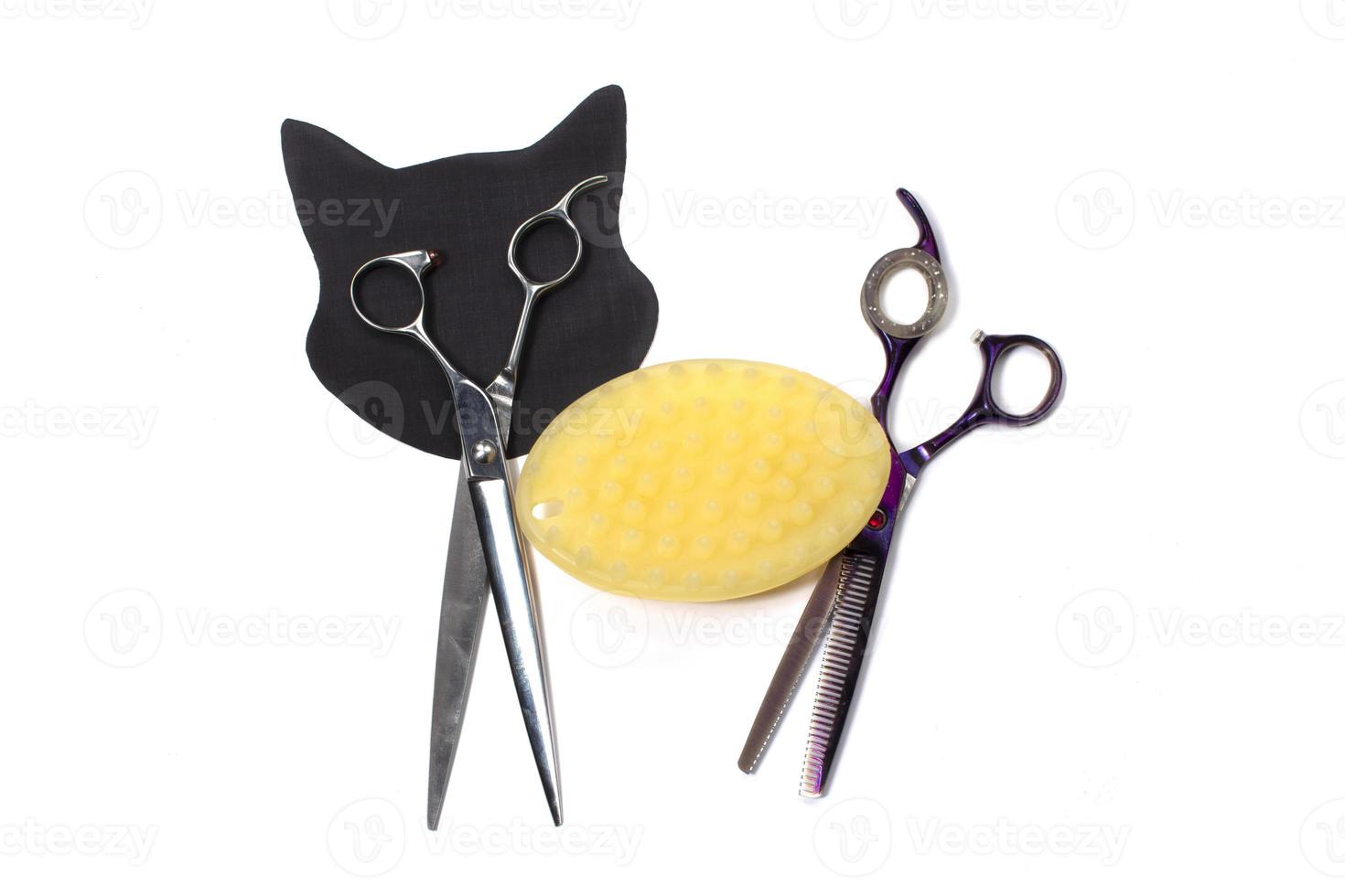 Set of different combs and brushes for grooming pets on a white background with shadow reflection. A creative cat figurine made from grooming tools. photo