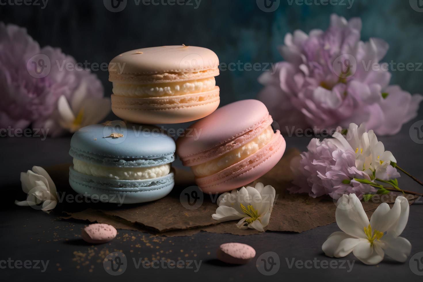 Sweet and beautiful macaroons of flower flavour. Flower flavour dessert food photography photo