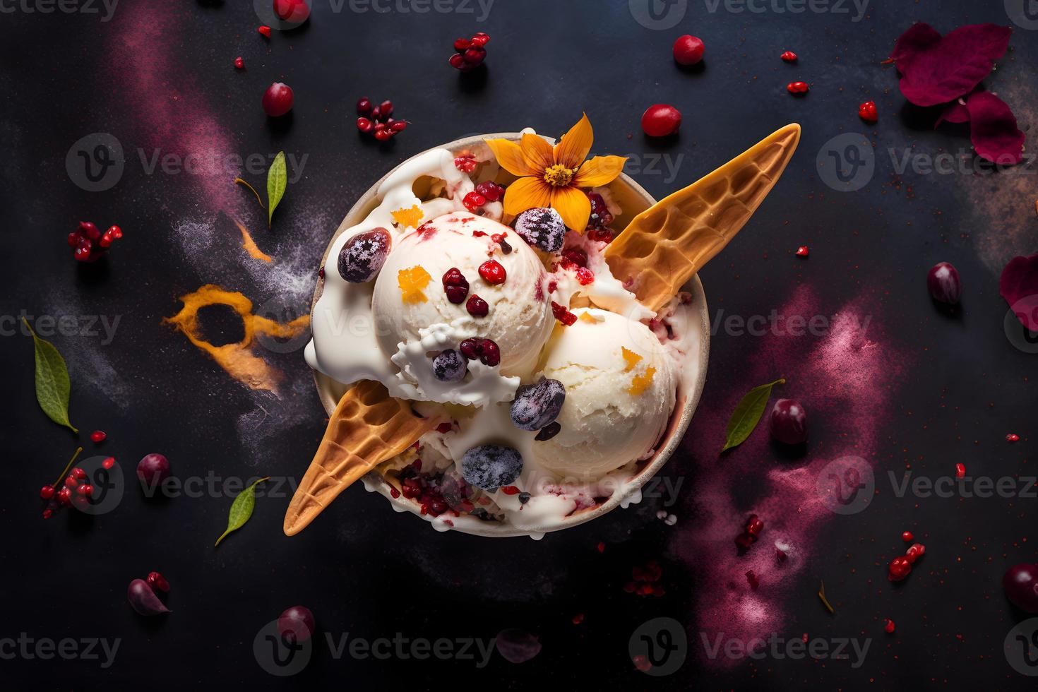 Cold and spicy ice cream with chilli and berries photography photo