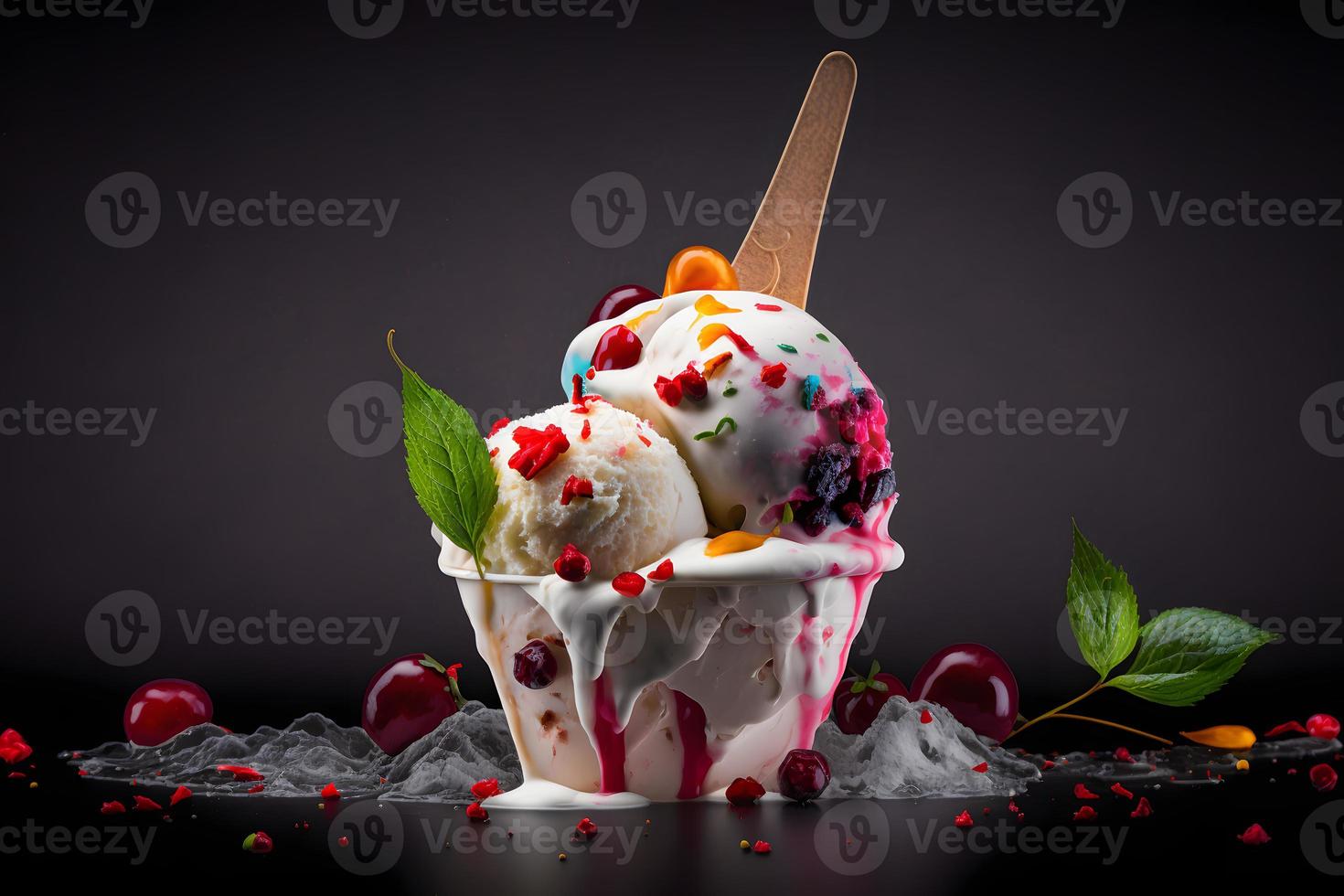 Cold and spicy ice cream with chilli and berries photography photo
