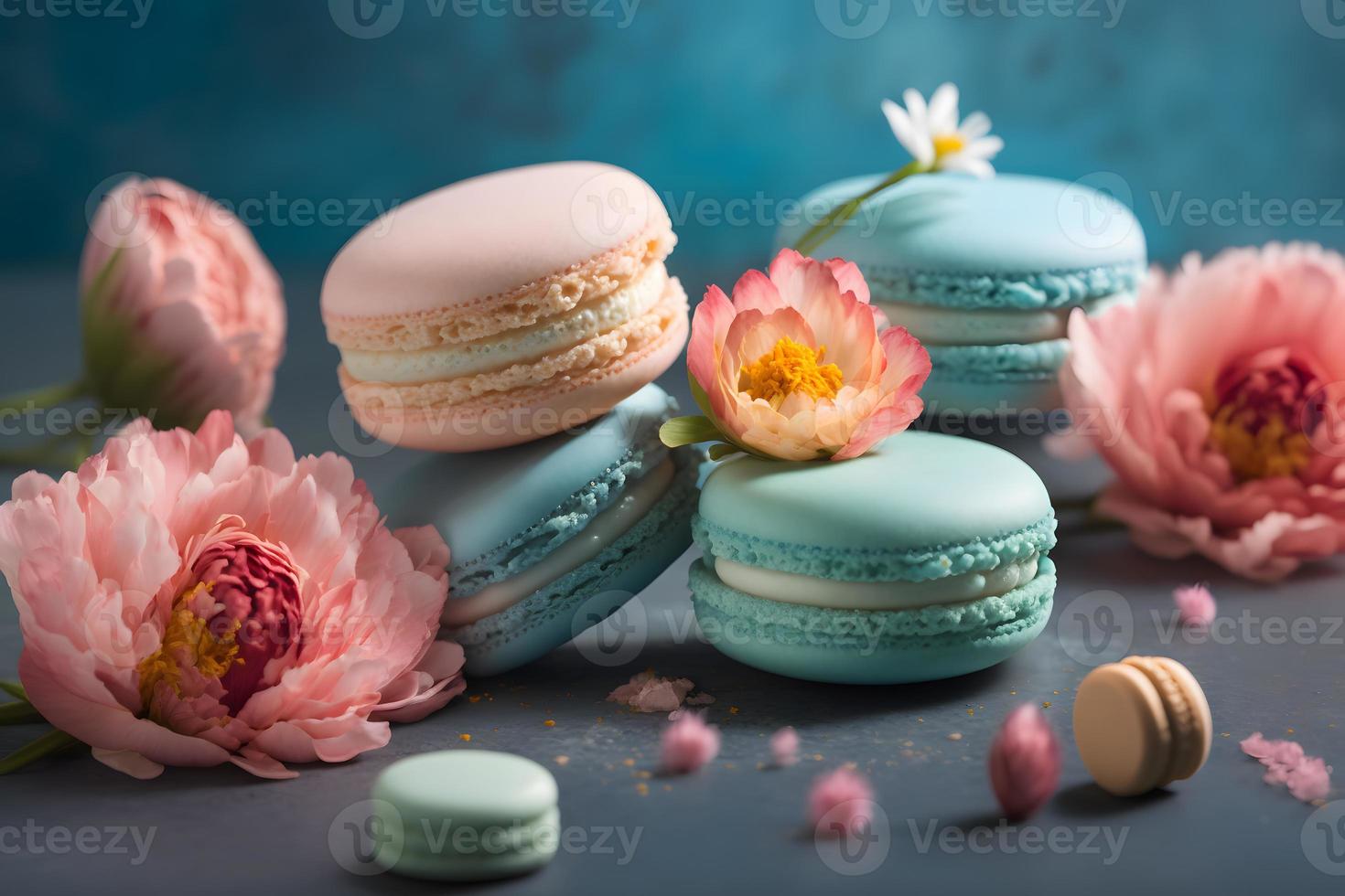 Sweet and beautiful macaroons of flower flavour. Flower flavour dessert food photography photo