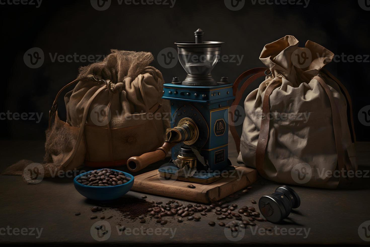 Arabic coffee beans in bag and grinder with ground coffee drink photography photo
