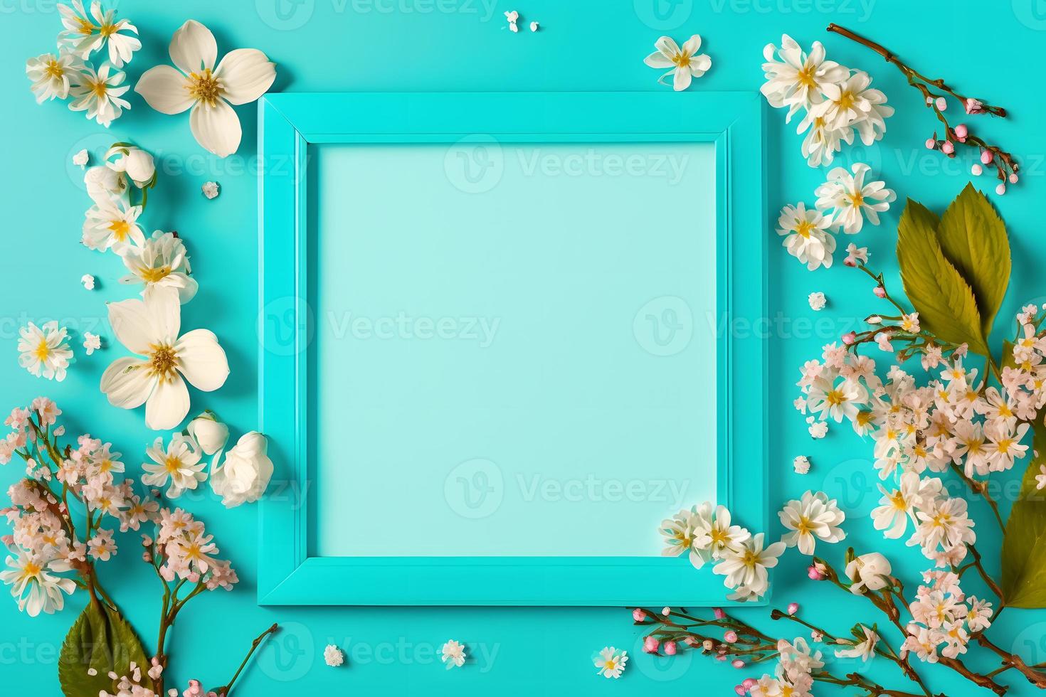 Beautiful spring nature background with lovely blossom, petal a on turquoise blue background frame photo