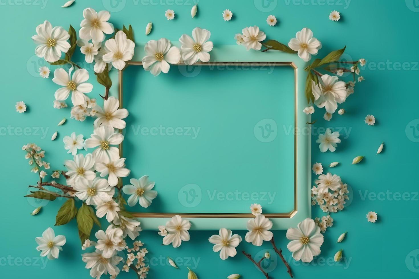 Beautiful spring nature background with lovely blossom, petal a on turquoise blue background frame photo