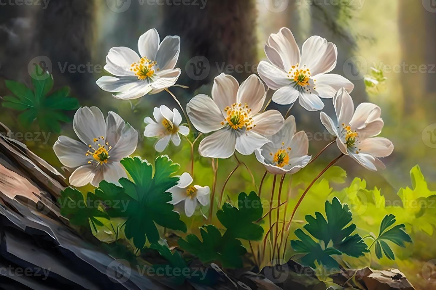 Beautiful white flowers of anemones in spring in a forest close up in sunlight in nature. Spring forest landscape with flowering primroses photo