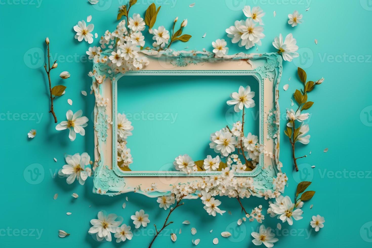 Beautiful spring nature background with lovely blossom, petal a on turquoise blue background frame photo