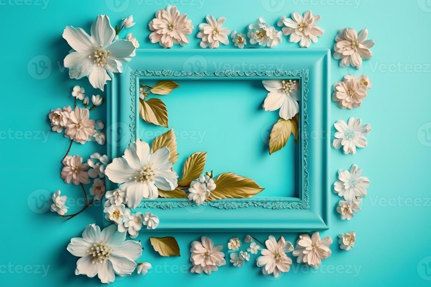 Beautiful spring nature background with lovely blossom, petal a on turquoise blue background frame photo