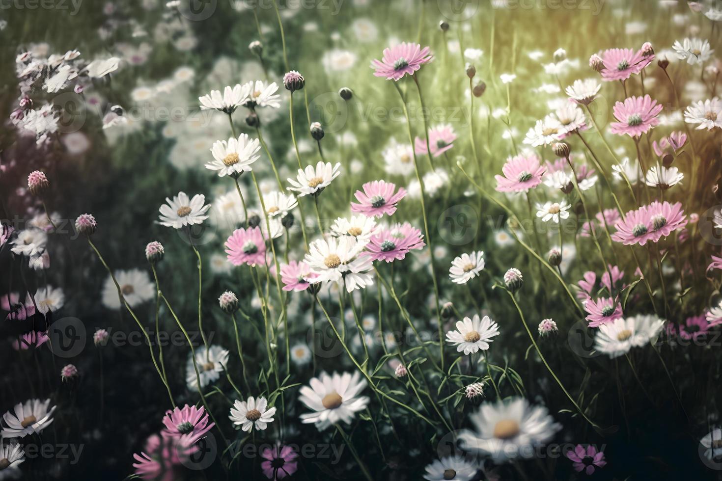 Meadow with lots of white and pink spring daisy flowers in sunny day photo