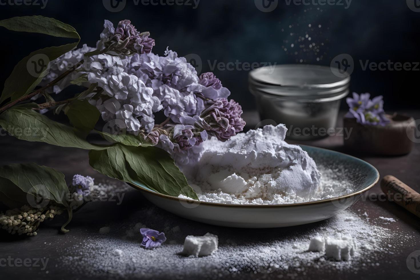 Preparation for fried lilac flower with powdered sugar. Sweet dessert photography photo