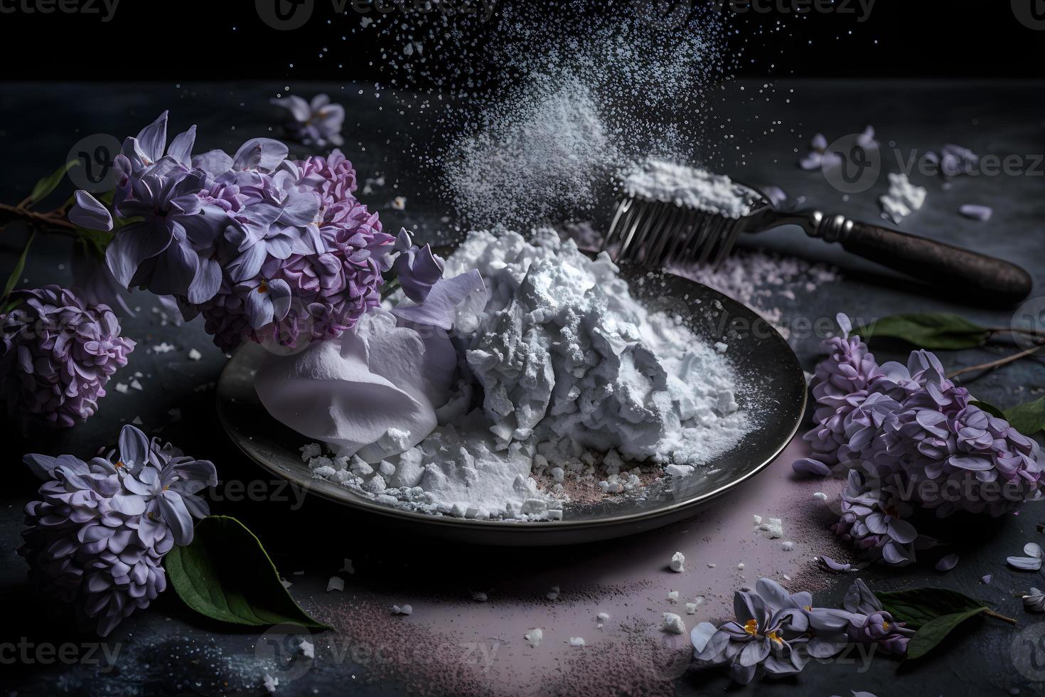 Preparation for fried lilac flower with powdered sugar. Sweet dessert photography photo