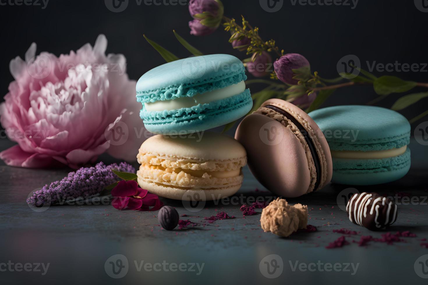 Sweet and beautiful macaroons of flower flavour. Flower flavour dessert food photography photo