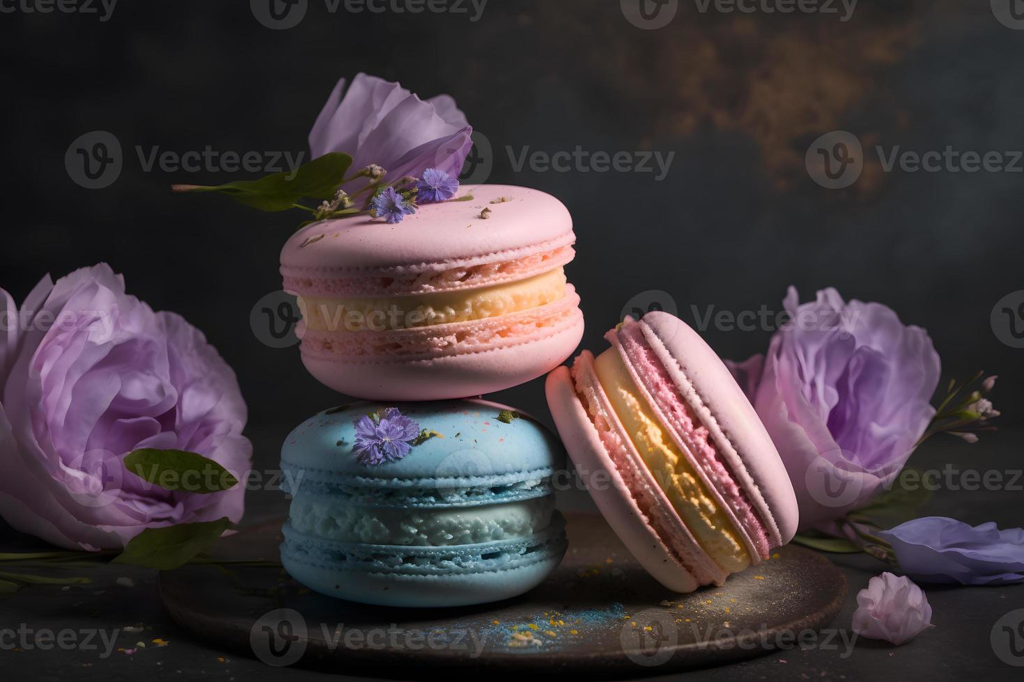 Sweet and beautiful macaroons of flower flavour. Flower flavour dessert food photography photo