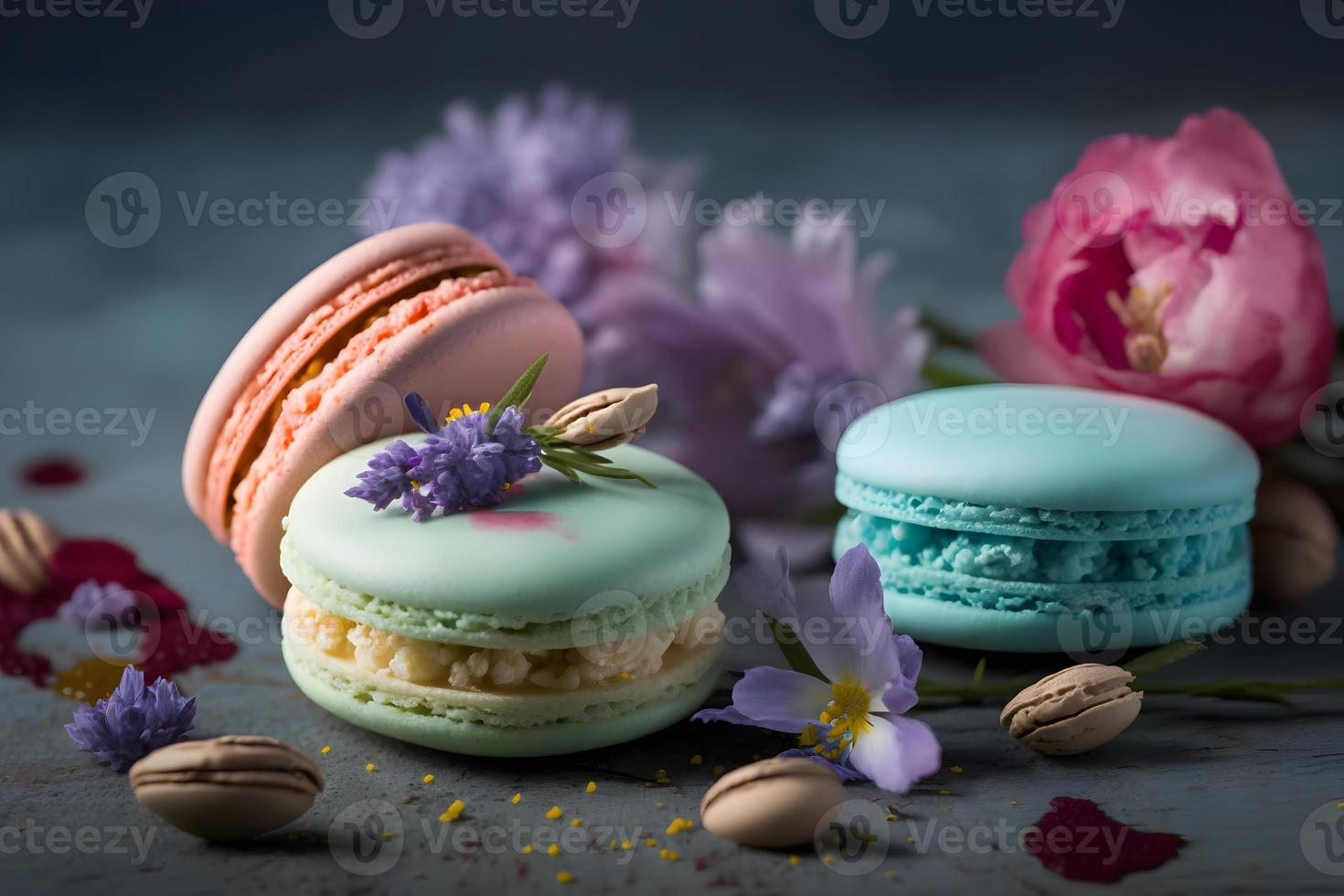 Sweet and beautiful macaroons of flower flavour. Flower flavour dessert food photography photo